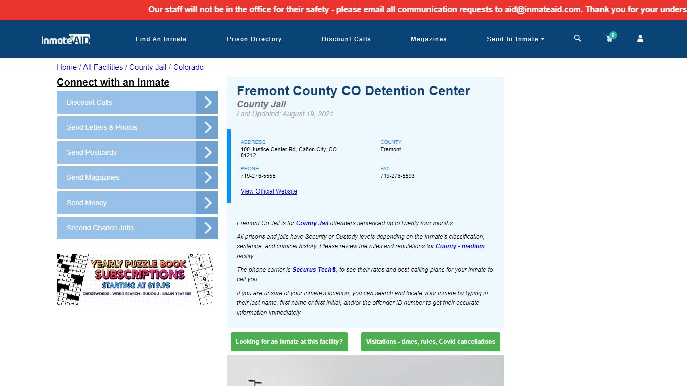 Fremont County CO Detention Center - Inmate Locator ...